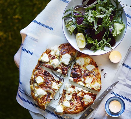 Goat's cheese & caramelised onion frittata with a lemony green salad