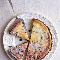 Goat's cheese and blueberry tart in crisp walnut pastry