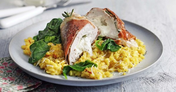 Goat's cheese and herb stuffed chicken with risotto Milanese
