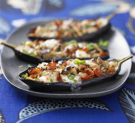 Goat's cheese and oregano stuffed aubergines