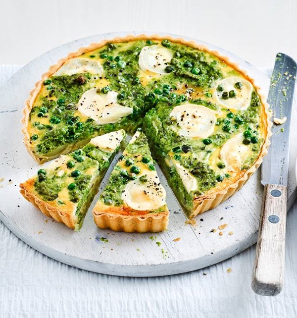 Goats' cheese and pea pesto tart