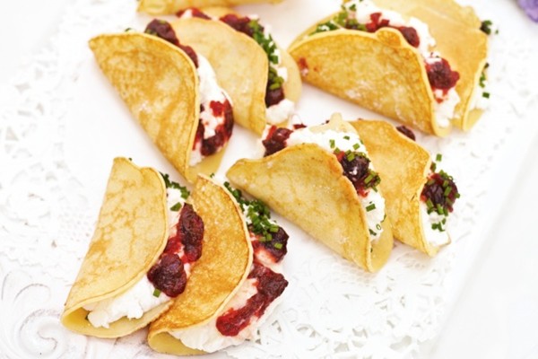 Goat's cheese blintzes with cranberry sauce