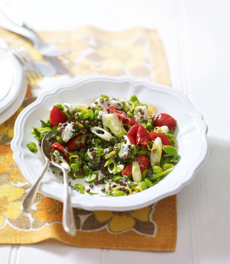 Goat's cheese, broad bean, lemon and lentil salad
