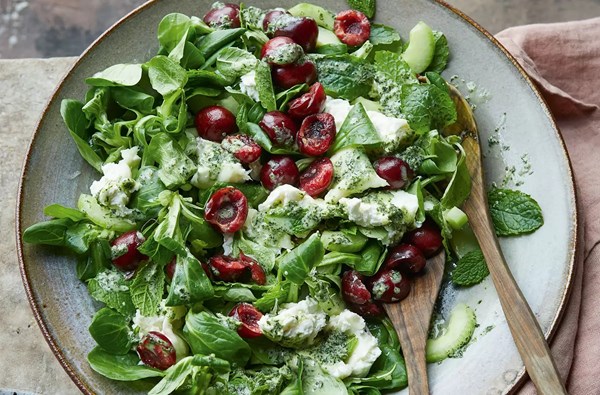 Goat's cheese, cherry & cucumber salad with mint and elderflower dressing