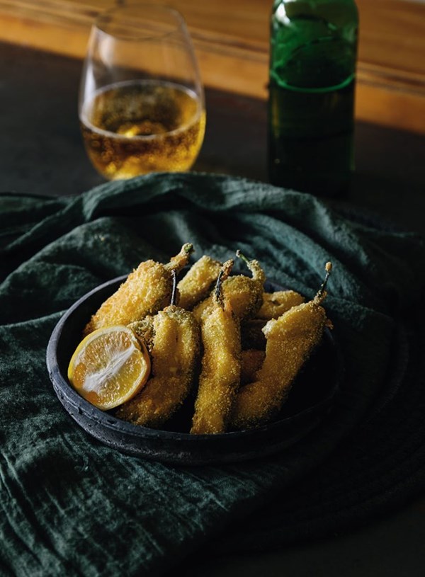 Goat's cheese, chive and makrut lime jalapeño poppers