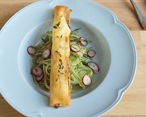 Goat's cheese cigars with melon & cucumber slaw