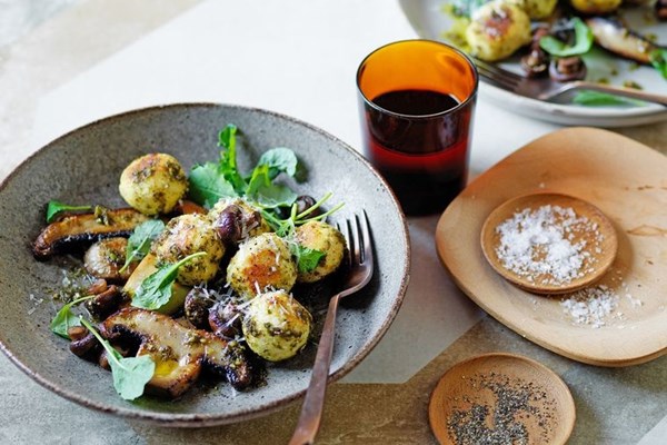 Goat's cheese gnudi with mushrooms and kale pesto