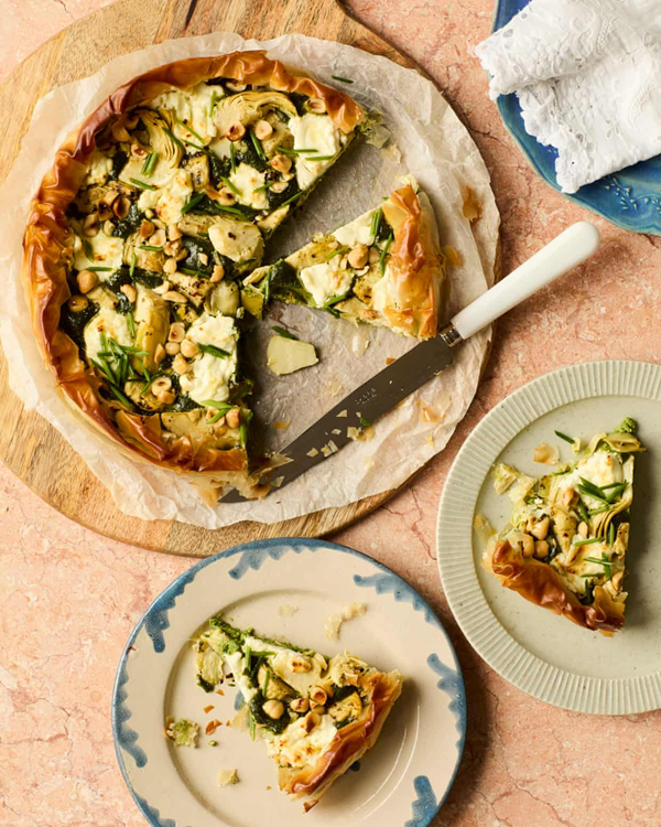 Goat's cheese, herb and hazelnut spring tart