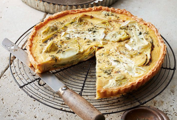 Goat's cheese, leek, and artichoke quiche