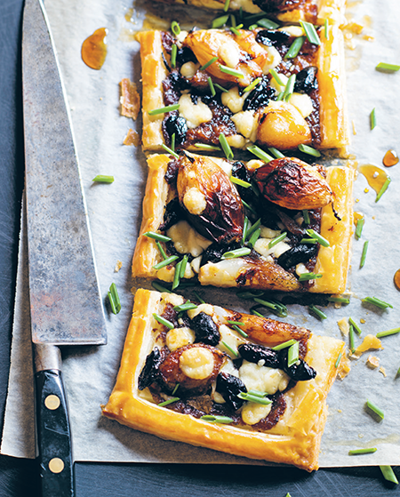 Goat's cheese, onion and Cognac tart with olives