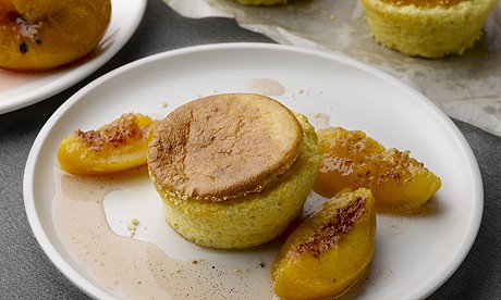 Goat's cheese soufflés with vanilla-poached peach