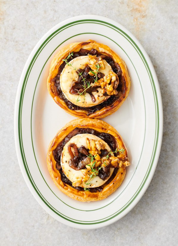 Goat's cheese, sticky walnut and caramelised onion tarts