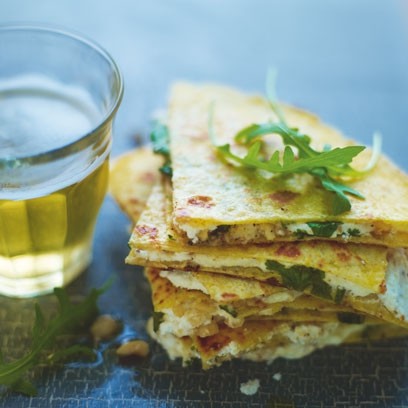 Goat's cheese, toasted hazelnut & honey quesadillas with rocket salad
