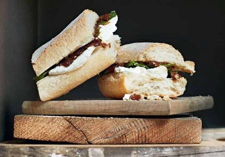 Goats' curd & baby spinach on white stick with red onion marmalade