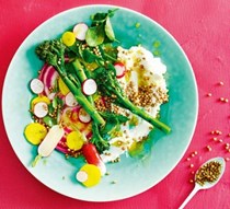Goat's curd & spring greens with popped buckwheat