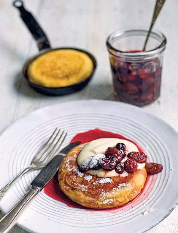 Goats' curd pancakes with pomegranate molasses roast grapes