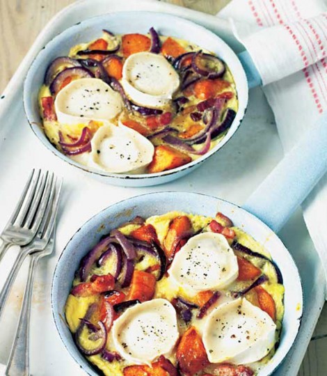 Goat's log, sweet potato and red onion frittata with crispy pancetta