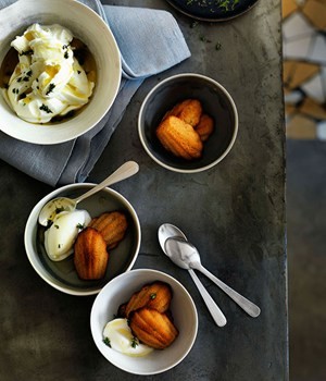 Goat's yoghurt sorbet with warm burnt honey madeleines