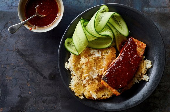 Gochugaru salmon with crispy rice