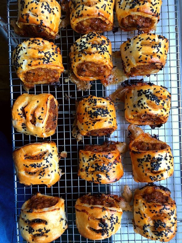 Gochujang and Brussels sprout kimchi sausage rolls 