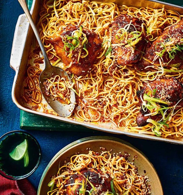 Gochujang chicken thighs with a spring onion and sesame salad