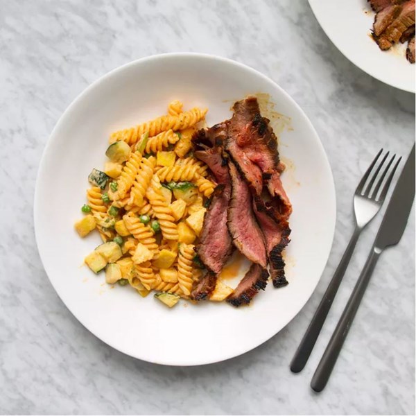 Gochujang flank steak and Korean pasta salad