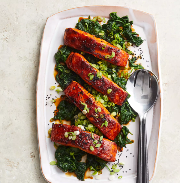 Gochujang-glazed salmon with garlic spinach