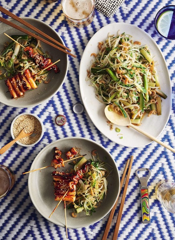 Gochujang-glazed squid and tteok-kkochi with cucumber and sprout salad