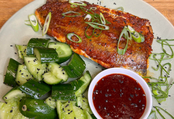 Gochujang glazed trout with pickled cucumber salad
