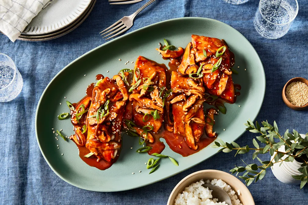 Gochujang-marinated Alaska sablefish with shiitakes