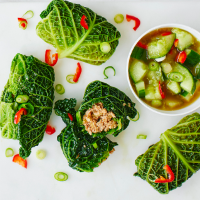 Gochujang pork-stuffed cabbage leaves with smashed cucumber