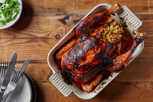 Gochujang roast chicken with kimchi rice stuffing