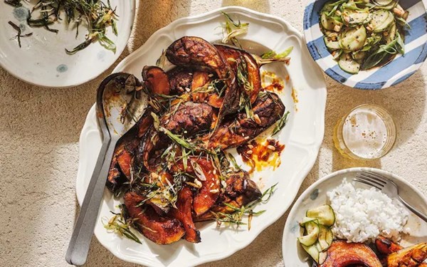 Gochujang-roast pumpkin and aubergines with Korean cucumber
