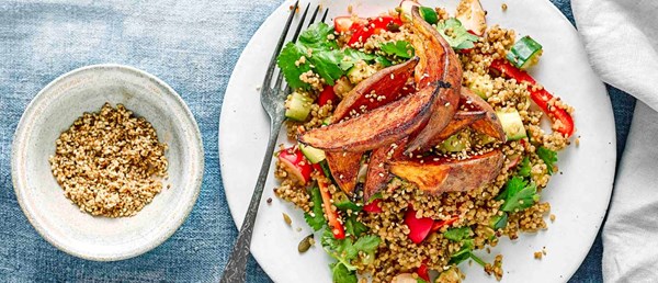 Gochujang roast sweet potato with mixed grain salad