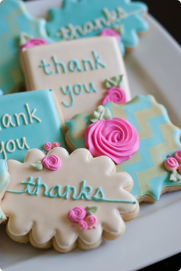 Gold chevron stenciled floral thank you cookies