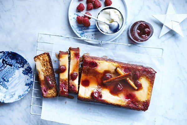 Golden almond, pear & raspberry cake