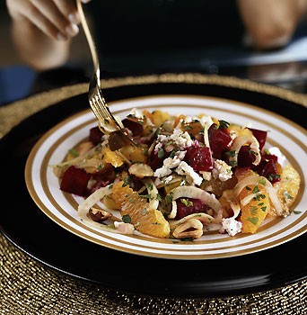 Golden and crimson beet salad with oranges, fennel, and feta