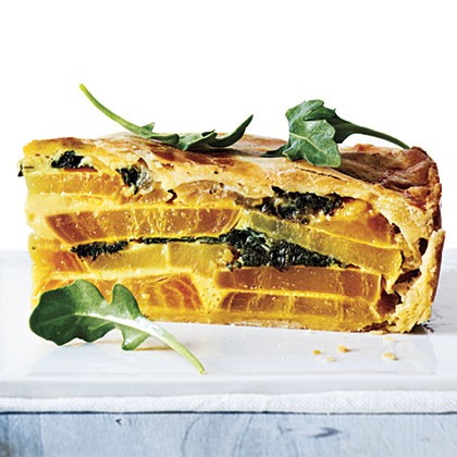 Golden beet, greens, and potato torta