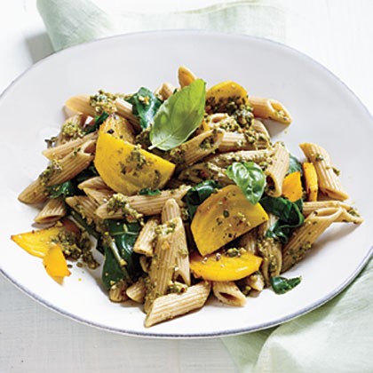 Golden beet pasta with basil-almond pesto