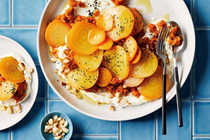 Golden beetroot, crushed carrots, goat's curd and macadamia