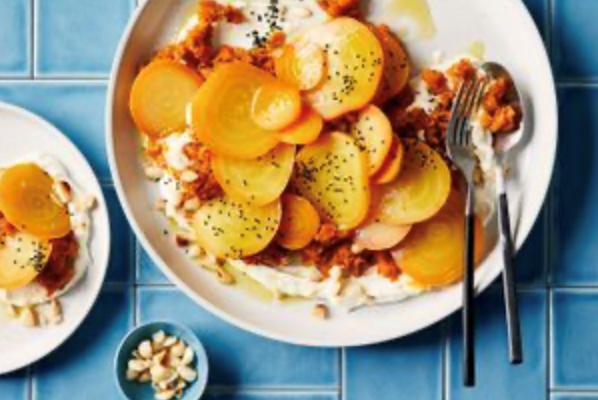 Golden beetroot, crushed carrots, goat's curd and macadamia