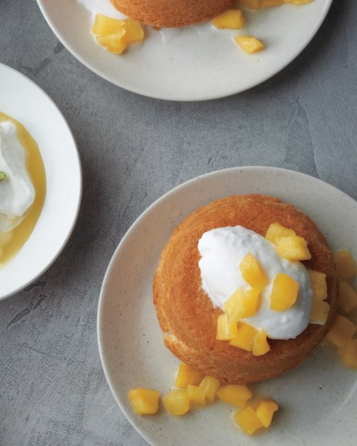 Golden cakes with ginger-poached fruit