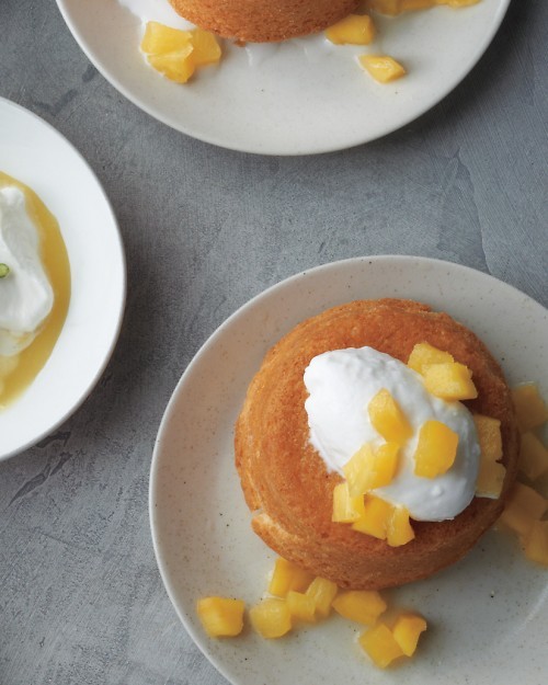 Golden cakes with ginger-poached fruit