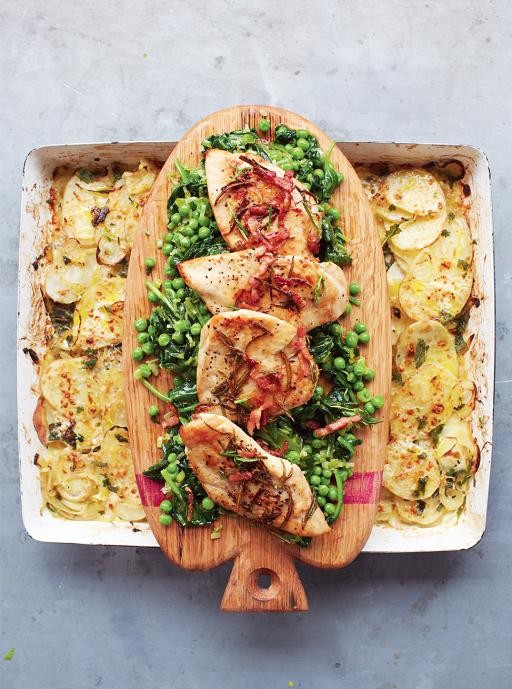 Golden chicken, braised greens & potato gratin