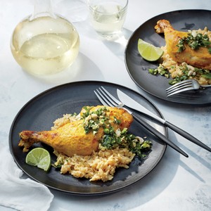 Golden chicken with cilantro-cashew pesto and coconut rice