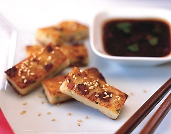 Golden crisp daikon cake with spicy herb soy sauce