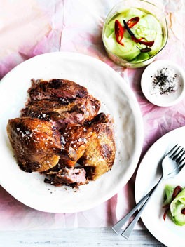 Golden duck with cold pickled melon and cucumber
