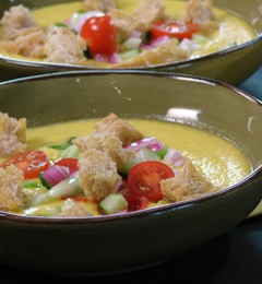 Golden gazpacho with garlic croutons