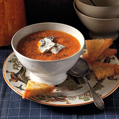 Golden gazpacho with minted cream