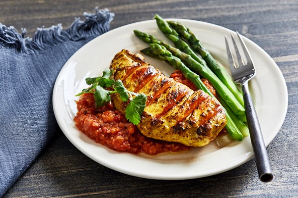 Golden grilled chicken with tomato-peanut chutney